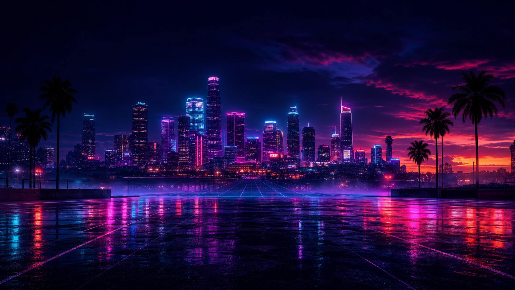 Neon nighttime city skyline with palm silhouettes and wet street reflections