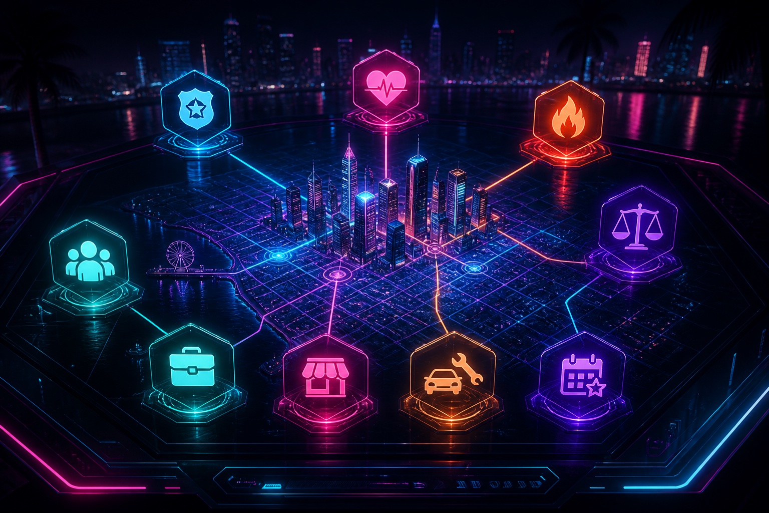 Neon holographic city system with connected roleplay feature nodes